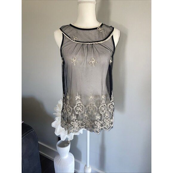 MONTEAU Top Womens SIze MediumBlack Sheer Embroidered Sleeveless Coverup Vintage - Picture 1 of 7